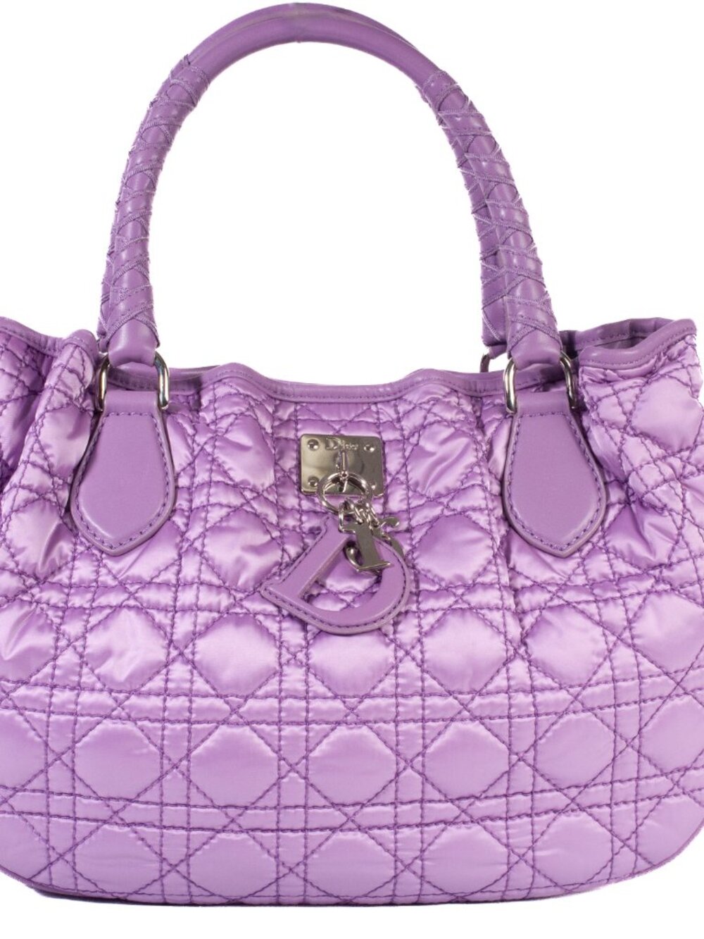 Authentic Christian Dior Light Purple Cannage Quilted Satin Nylon Charming Tote